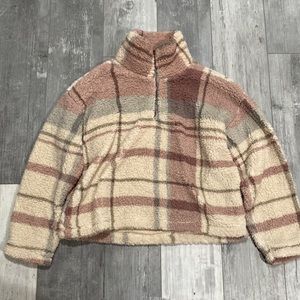 NWOT THREAD & SUPPLY Oversized Plaid Sherpa Quarter-Zip Sweater, Size Medium